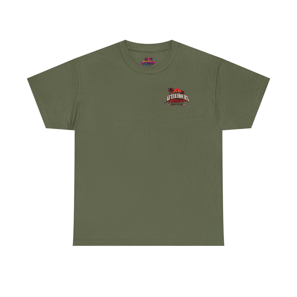 After Hours Motor Club Tee in olive, front view with small chest emblem