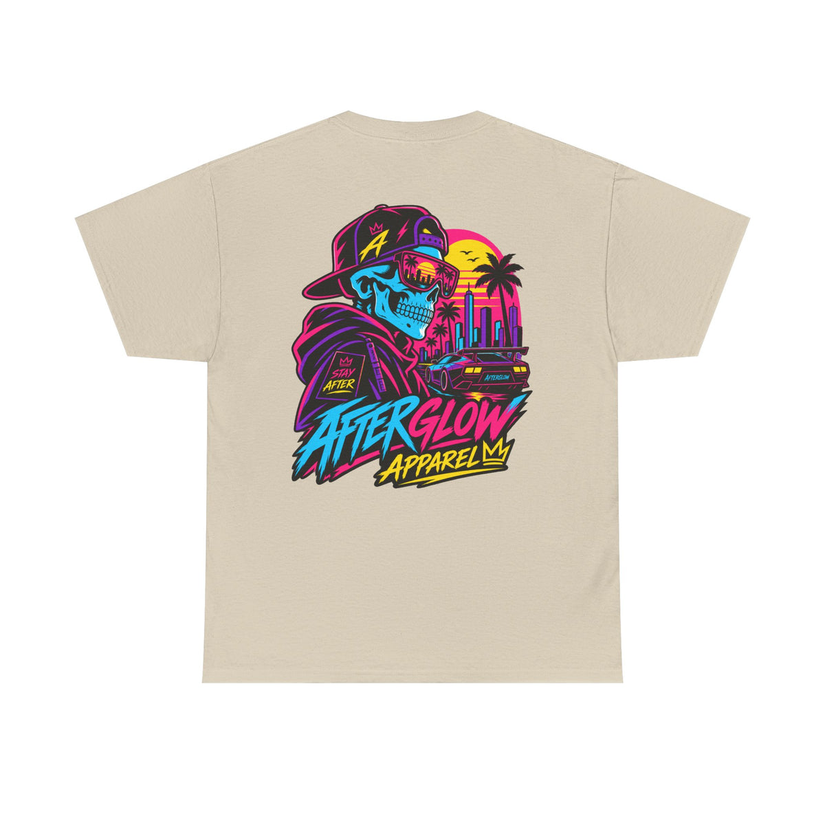 Neon Reaper Tee in sand, back view with cyan skull and magenta sunset artwork