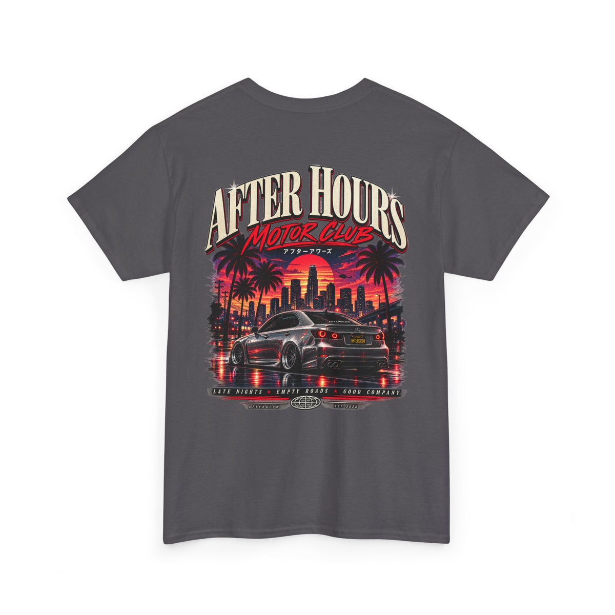 After Hours Motor Club Tee in charcoal, back view with car, palms and sunset artwork